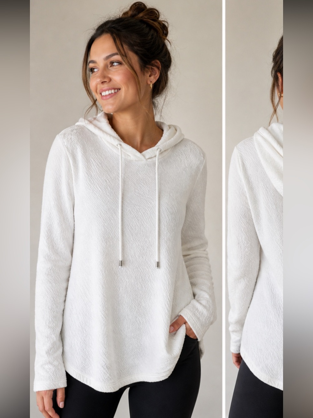 Pure Jill Women's PS White Textured Cotton Long Sleeve Hoodie Shirt Pockets